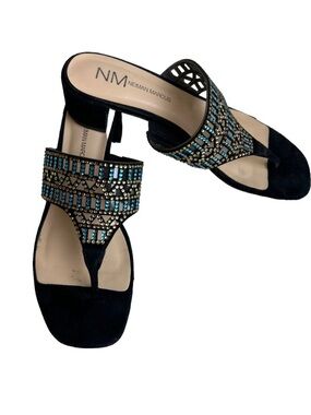 Neiman Marcus Women's Sz 8.5 M  Black Suede Rhinestone Slide-On Sandal Shoes